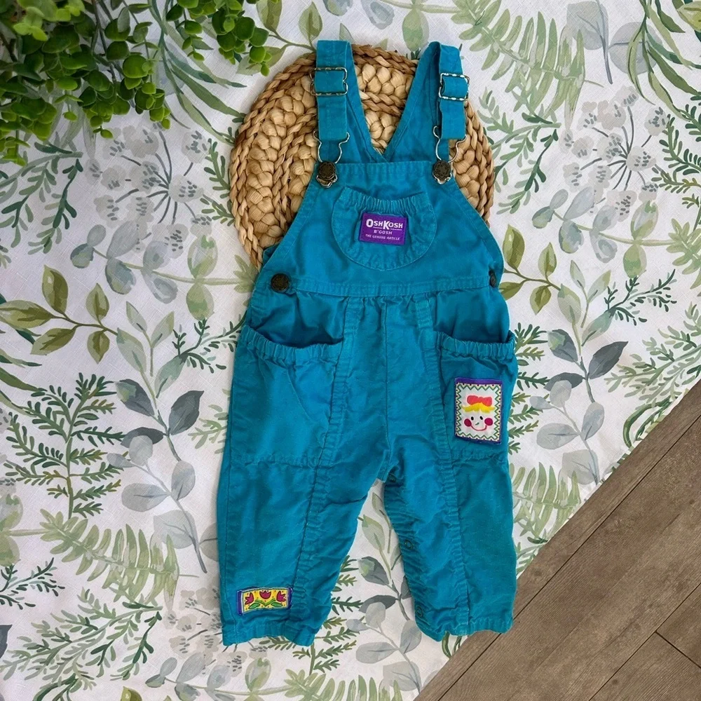 Vintage OshKosh Toddler girl Patchwork Textured Overalls Made USA Dolly Flower